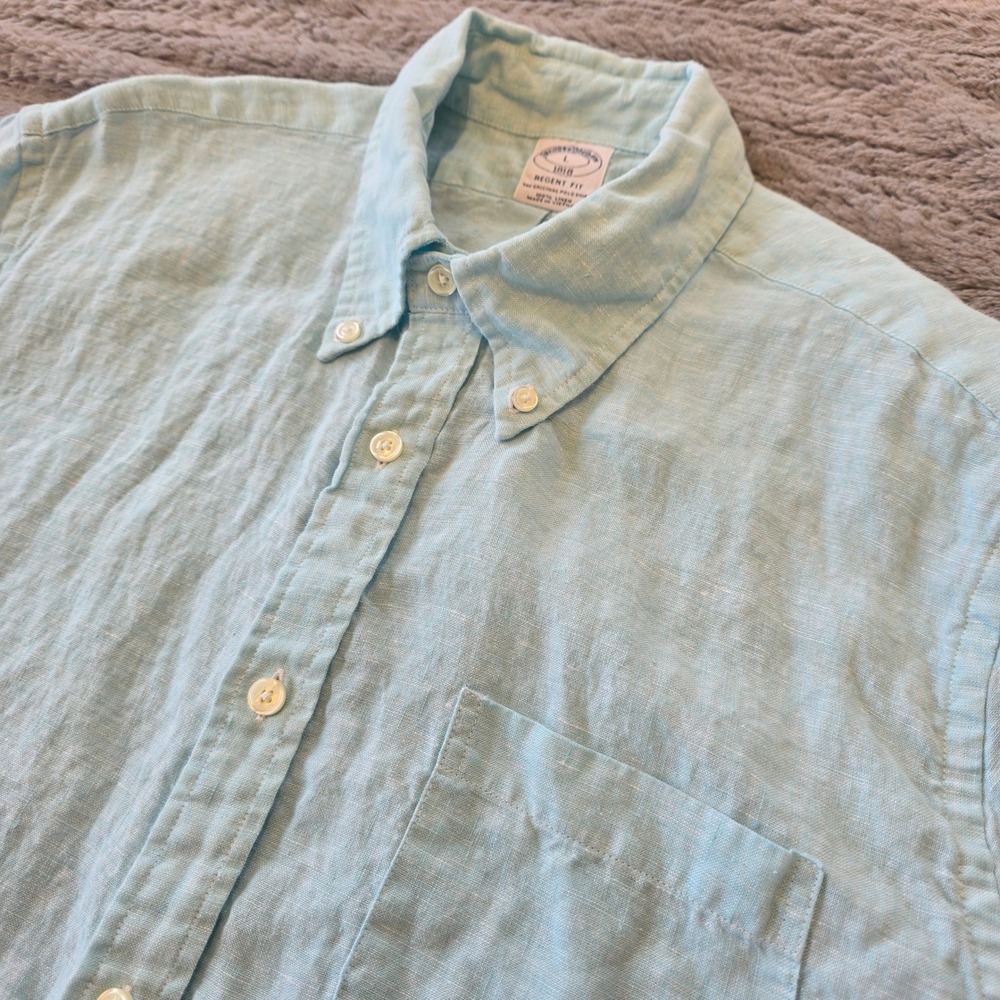 Brooks Brothers Regent Fit 100% Linen Short Sleeve Button Down Shirt Blue L